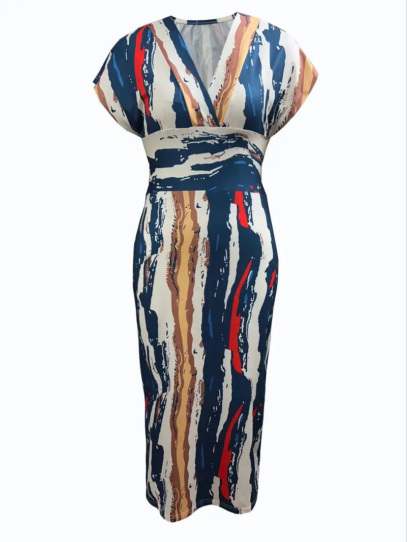 Women Bodycon Dress - Midi Length - V-Neck - Patchwork Design - Short Sleeves