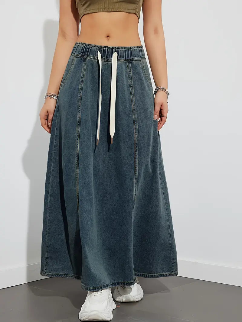 Women's Maxi Skirt - Denim - Elastic Waist with Drawstring - A-Line - Casual Look