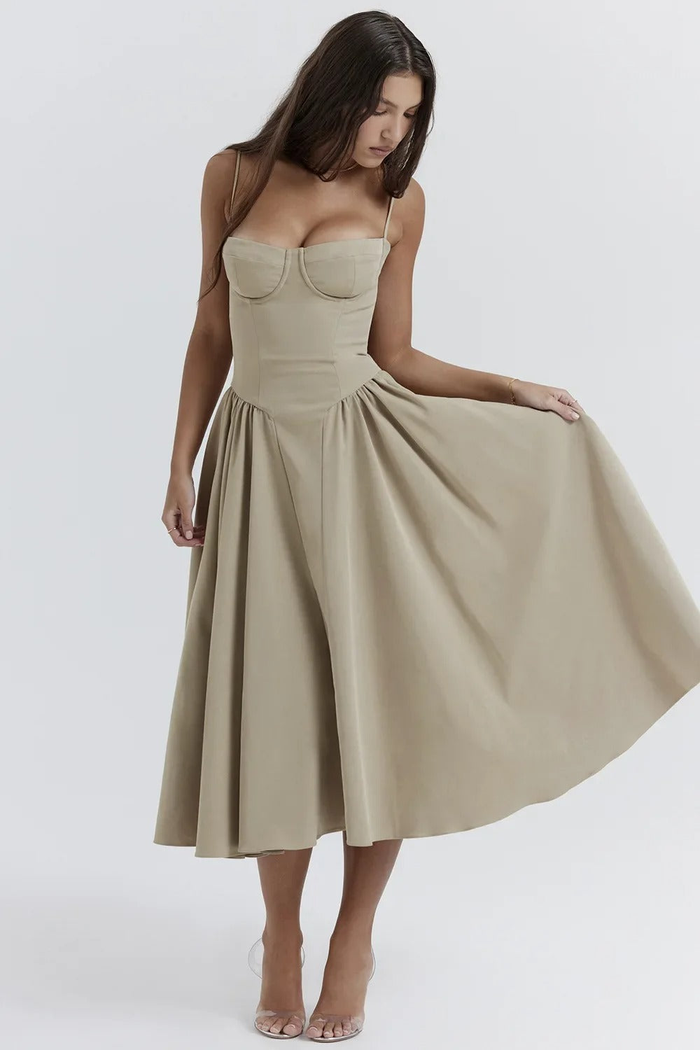 Dress for Women – Midi Length – Corset Top – A-Line – Spaghetti Straps – Lightweight Fabric
