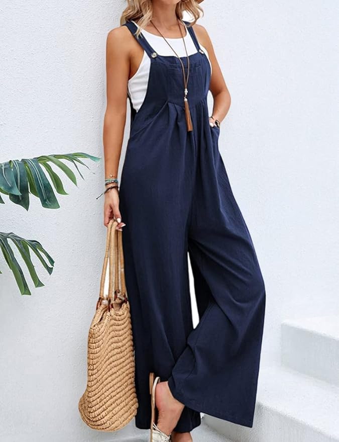 Women's Jumpsuit - Cotton Linen - Wide Legs - Adjustable Straps - Relaxed Fit