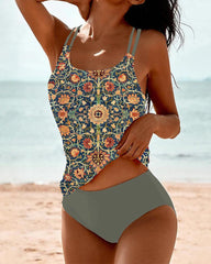 Women's Bikini Set – Tankini Top with Pattern – Double Strap – Breathable Stretch Fabric – Moderate Coverage