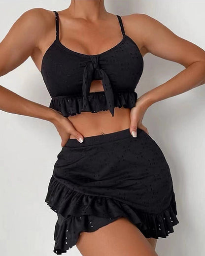 Women's Bikini Set – Slim Fit – Tie Top – Embroidery – Ruched Skirt