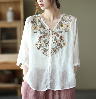Women's Blouse - V-neck - Embroidered - 3/4 Sleeves - Loose Fit - Light and Comfortable