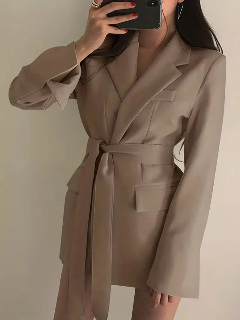 Women's Blazer Dress - Tailored Fit - Belted Waist - Single Button with Flap Pockets