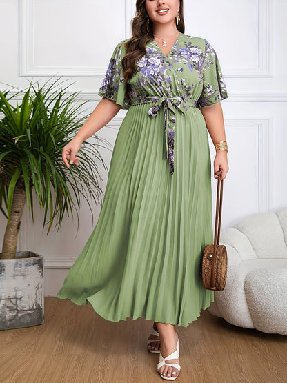 Women's Maxi Dress – V-Neck Wrap – Belted Waist – Short Sleeves – Pleated Skirt