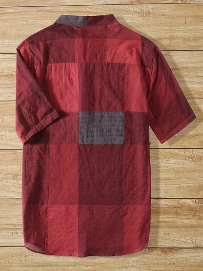 Men's Shirt - Short Sleeved - Mandarin Collar - Button Closure - Checkered Pattern - Textured Fabric