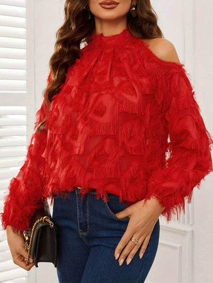 Women's Blouse - Cold Shoulder Design - High Halter Neck - Long Voluminous Sleeves - Elegant Texture