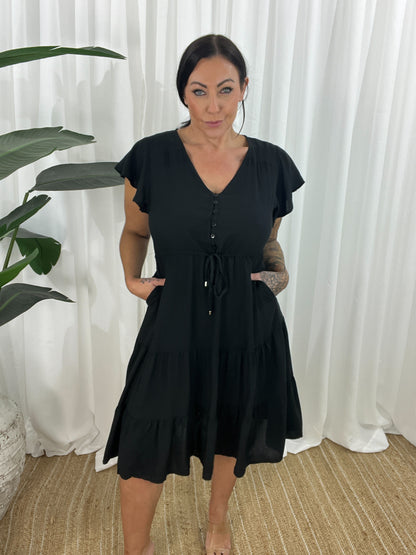 Women's Dress - V-neck - Button Closure - Adjustable Waist - Short Sleeves - Loose Fit