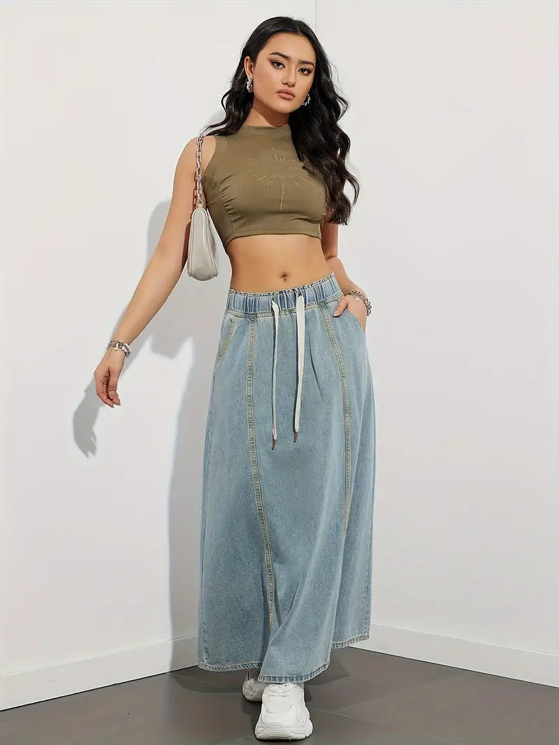 Women's Maxi Skirt - Denim - Elastic Waist with Drawstring - A-Line - Casual Look
