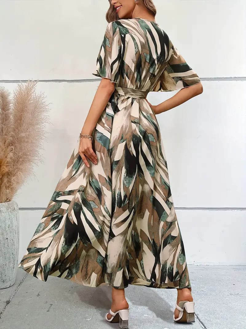 Women's Maxi Dress - A-line Cut - Short Sleeve - Belted Waist - Elegant and Comfortable