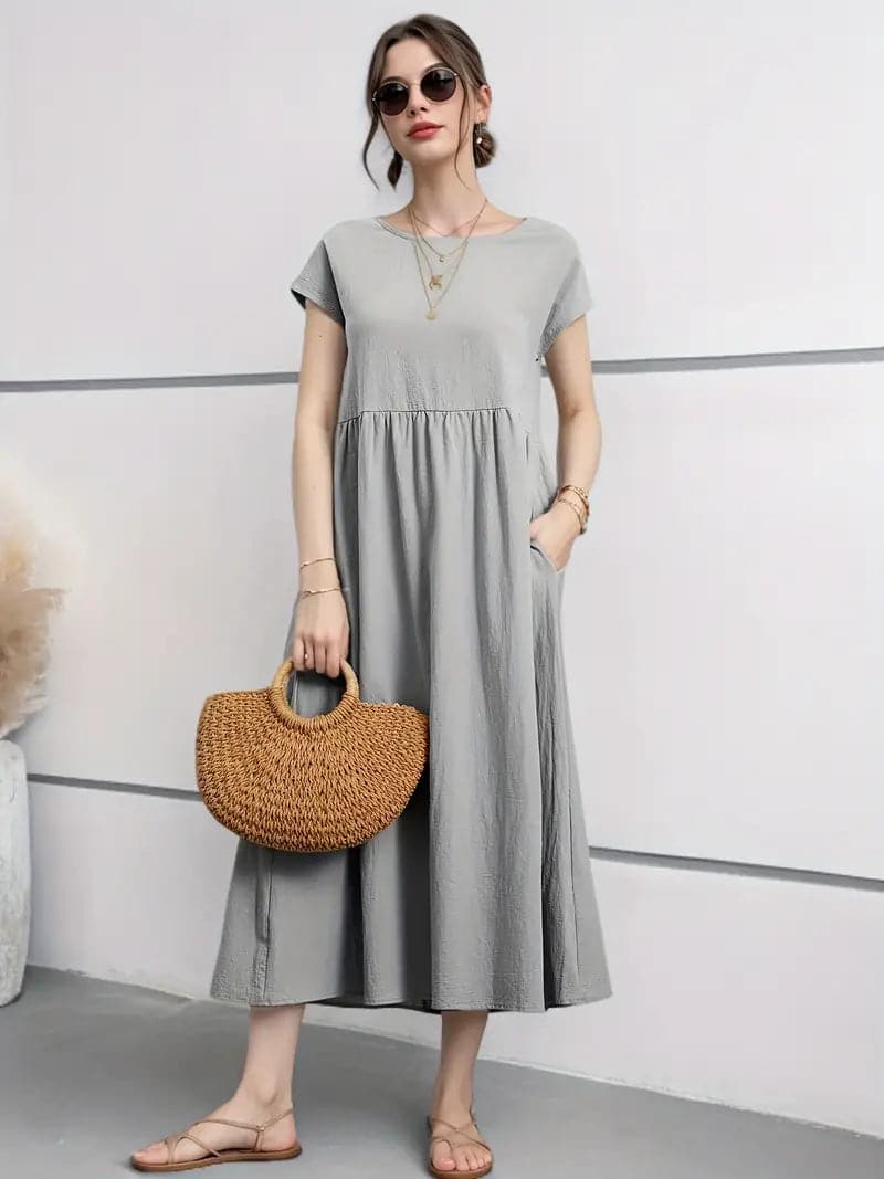 Women's Dress - A-line Fit - Short Sleeve - Round Neck - Midi Length - Lightweight and Breathable