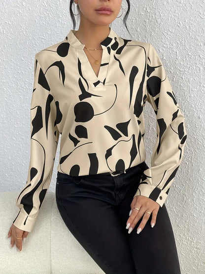 Women's Blouse - V-Neck with Collar - Long-Sleeved Elegant Loose Fit