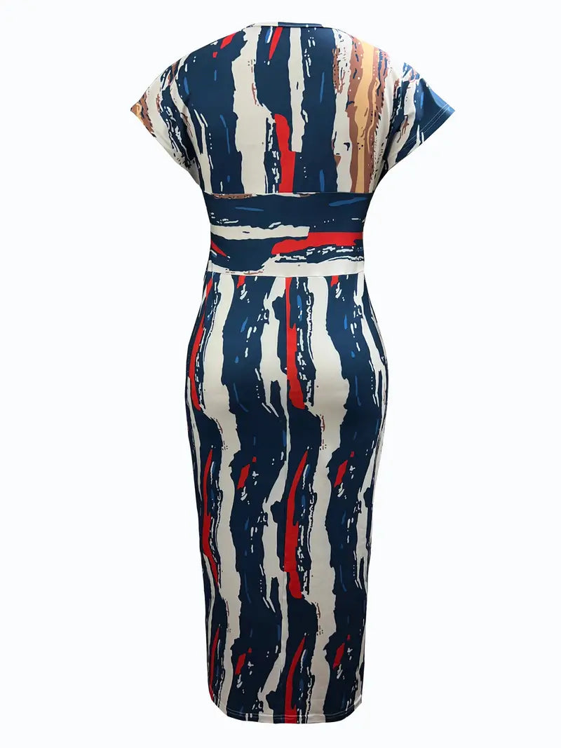 Women Bodycon Dress - Midi Length - V-Neck - Patchwork Design - Short Sleeves