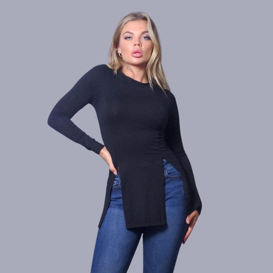 Women's Blouse - Long Sleeve Slim Fit - Round Neck - Asymmetric Hem - Stretchable Material