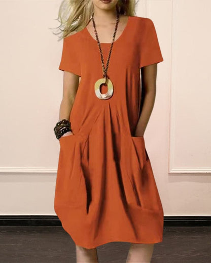 Women's Dress - Loose Fit - Round Neck - Short Sleeves - With Practical Pockets
