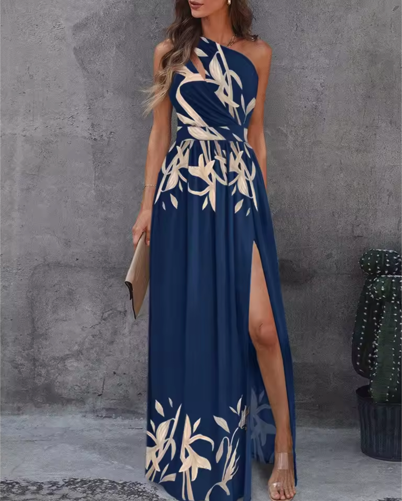 Women's Evening Dress – Asymmetric One-Shoulder – Pleated Skirt with High Slit – Elegant Cut
