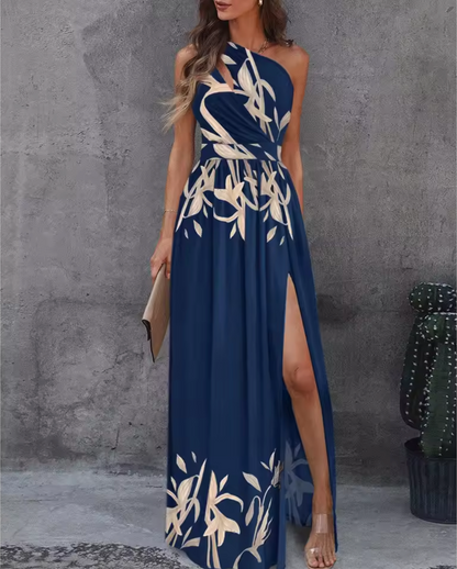 Women's Evening Dress – Asymmetric One-Shoulder – Pleated Skirt with High Slit – Elegant Cut