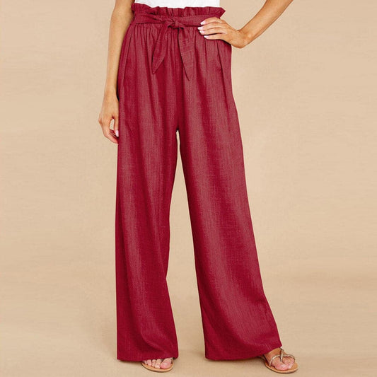 Women's Pants - High-Waisted Wide-Leg - Paperbag Waist with Tie Belt - Loose-Fitting Comfort