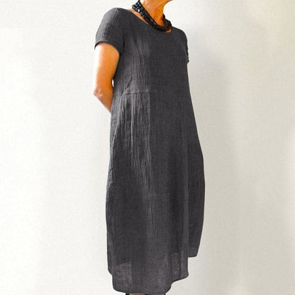 Women's Maxi Dress - A-line Fit - Short Sleeved with Round Neck - Breathable Cotton with Side Pockets