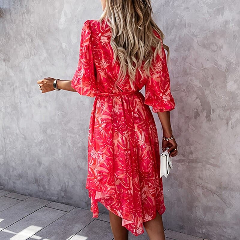 Women's Midi Dress – Floral Print – V-Neck with Buttons – Elastic Waist – 3/4 Sleeves