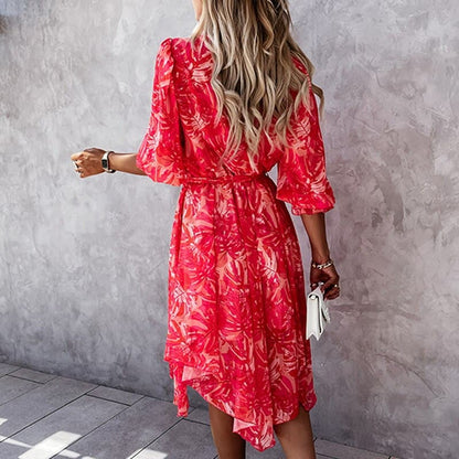 Women's Midi Dress – Floral Print – V-Neck with Buttons – Elastic Waist – 3/4 Sleeves