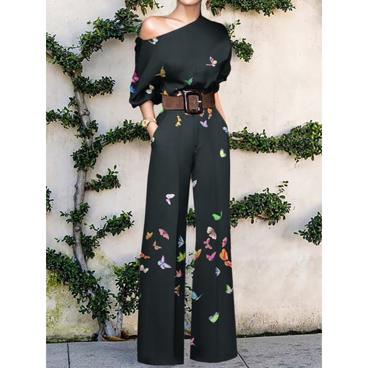 Women's Jumpsuit – One Shoulder – Butterfly Pattern – Loose Fit – Belt at Waist