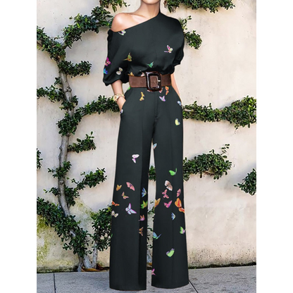 Women's Jumpsuit – One Shoulder – Butterfly Pattern – Loose Fit – Belt at Waist