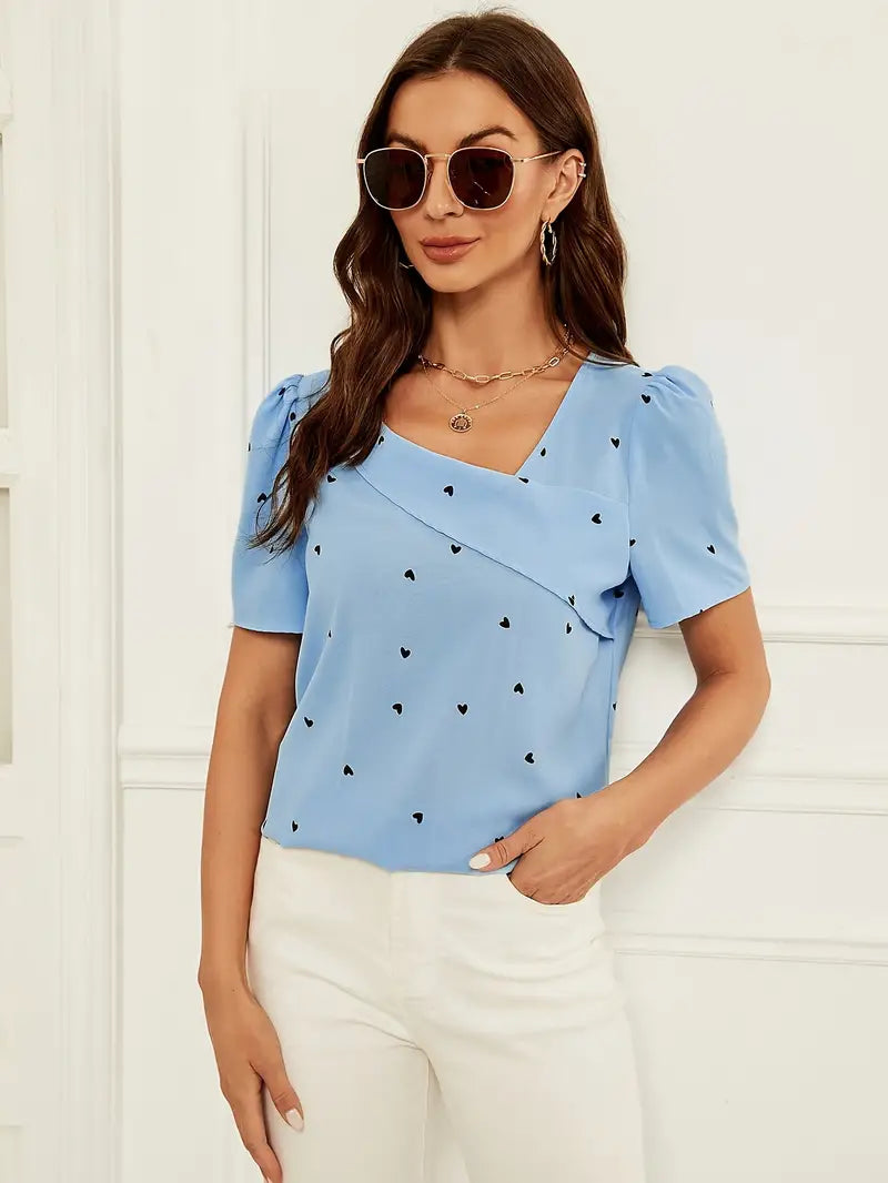 Women's Blouse - Relaxed Fit - Asymmetric Neckline - Short Puff Sleeves - Heart Print