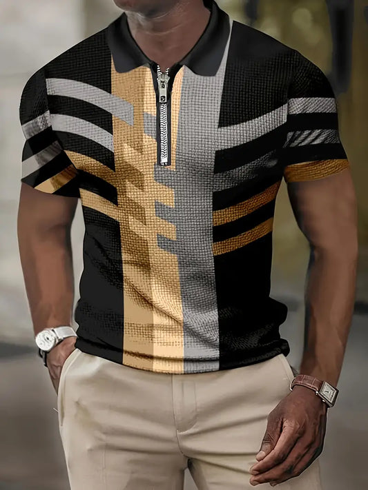 Men's Polo T-Shirt - Short Sleeve - Zipper Collar - Geometric Pattern - Slim Fit