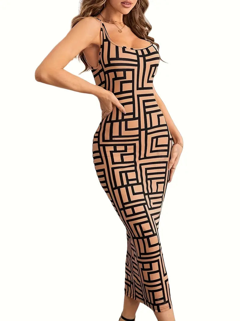 Women's Bodycon Dress - Midi Length - Geometric Pattern - Square Neckline - Thin Straps