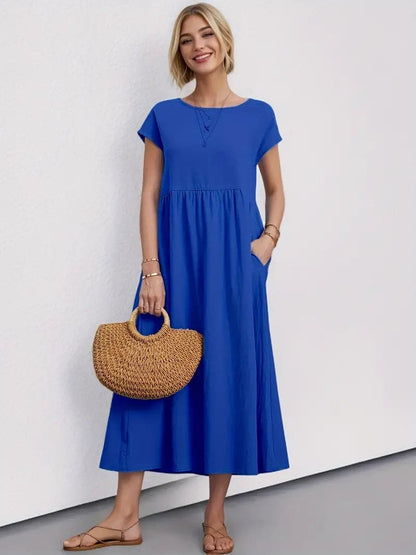 Women's Dress - A-line Fit - Short Sleeve - Round Neck - Midi Length - Lightweight and Breathable