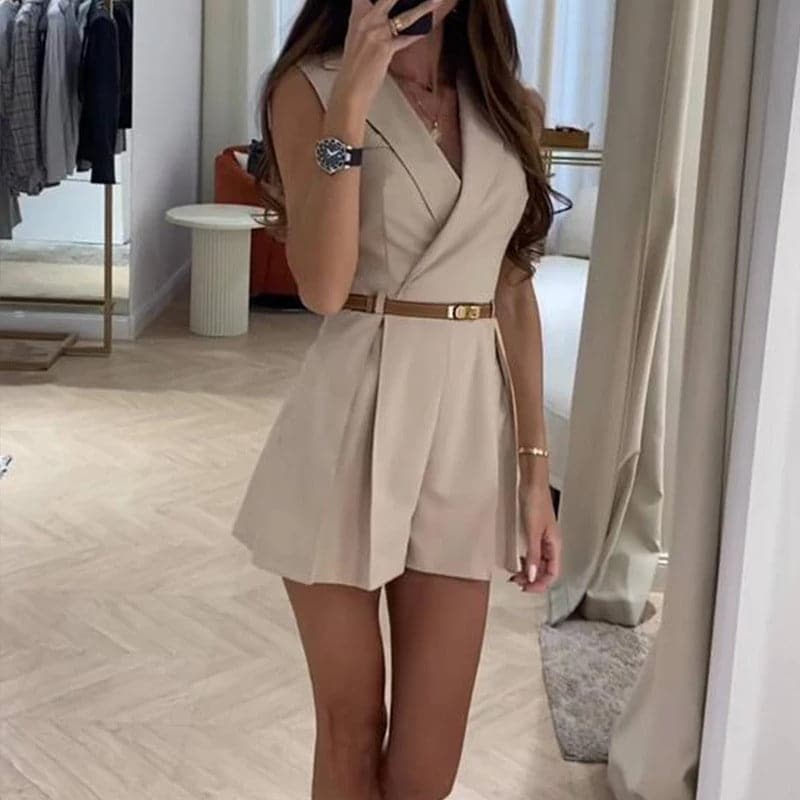 Women's Blazer-Style Romper - Sleeveless - Waist Belt - Elegant and Tailored