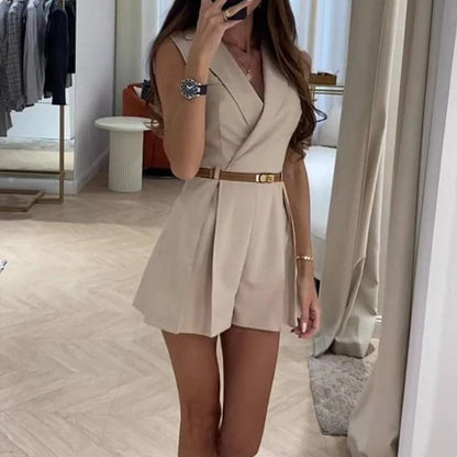 Women's Blazer-Style Romper - Sleeveless - Waist Belt - Elegant and Tailored
