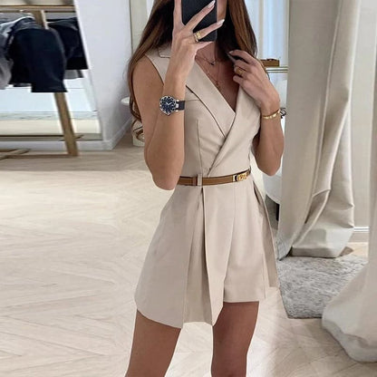 Women's Blazer-Style Romper - Sleeveless - Waist Belt - Elegant and Tailored