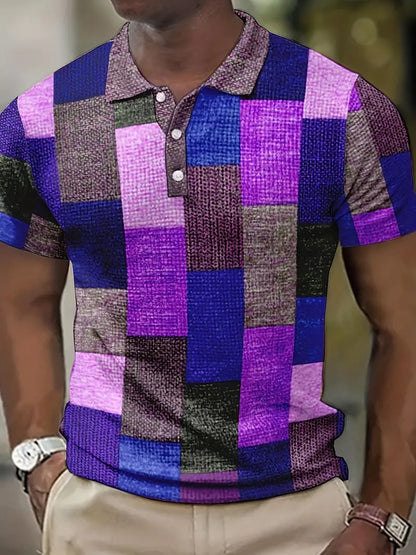 Men's Polo Shirt - Patchwork Design - Button Closure - Short-Sleeved - Breathable and Casual