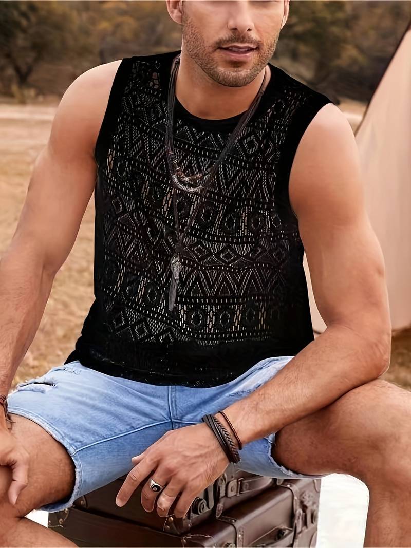 Men's Tank Top - Breathable Crochet Design - Geometric Pattern - Crew Neck
