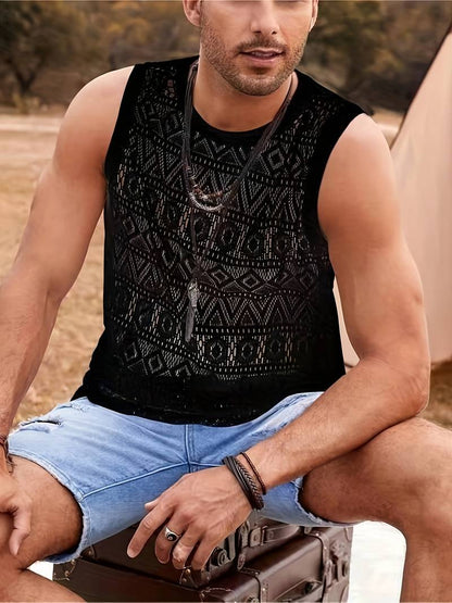Men's Tank Top - Breathable Crochet Design - Geometric Pattern - Crew Neck
