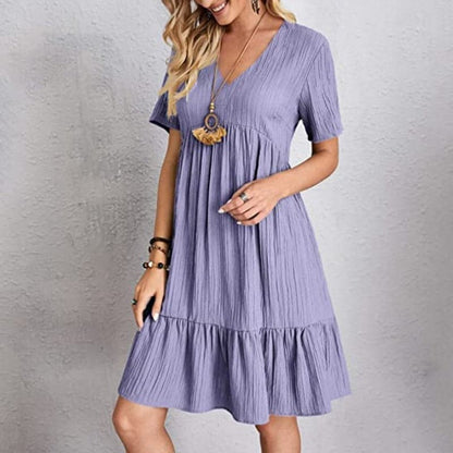 Women's Dress - Light and Breathable - V-neck - Short Sleeves - Loose Fit - Ruched Hem
