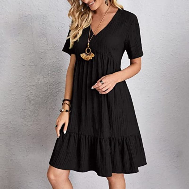 Women's Dress - Light and Breathable - V-neck - Short Sleeves - Loose Fit - Ruched Hem