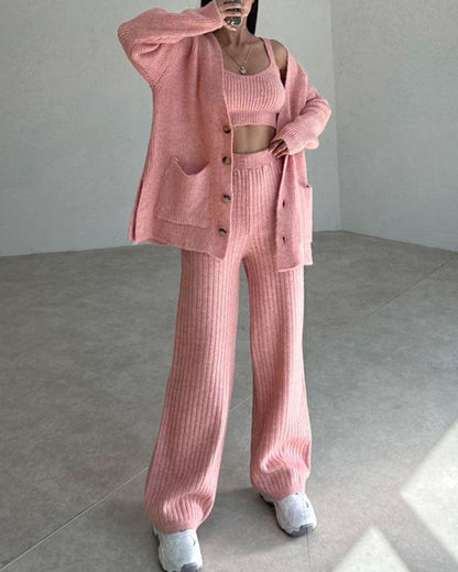 Women's Knitted Lounge Set - Cardigan, Crop Top and Wide-Leg Pants - Soft Comfort
