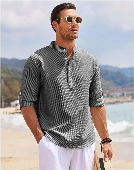 Men's Shirt – Relaxed Fit – Natural Fibres – Band Collar – Rolled Sleeves
