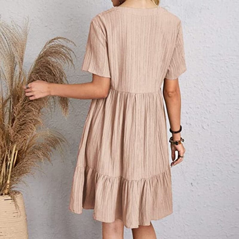 Women's Dress - Light and Breathable - V-neck - Short Sleeves - Loose Fit - Ruched Hem
