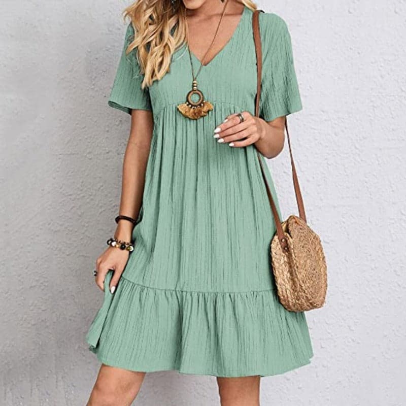 Women's Dress - Light and Breathable - V-neck - Short Sleeves - Loose Fit - Ruched Hem