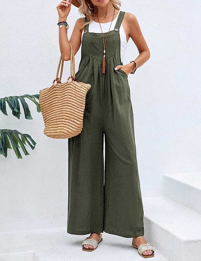Women's Jumpsuit - Cotton Linen - Wide Legs - Adjustable Straps - Relaxed Fit