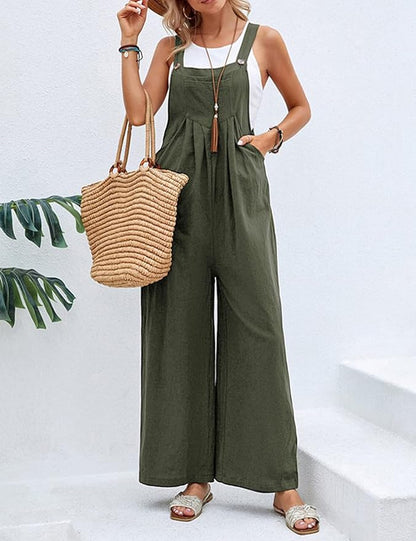 Women's Jumpsuit - Cotton Linen - Wide Legs - Adjustable Straps - Relaxed Fit