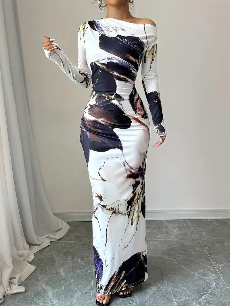Women's Maxi Dress - Long-Sleeved - Off-Shoulder - Form-Fitting - Elegant Pattern