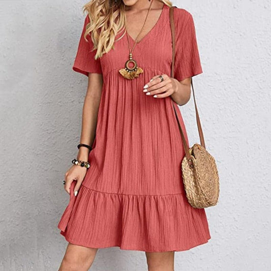 Women's Dress - Light and Breathable - V-neck - Short Sleeves - Loose Fit - Ruched Hem