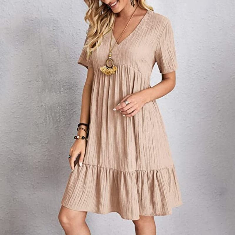 Women's Dress - Light and Breathable - V-neck - Short Sleeves - Loose Fit - Ruched Hem