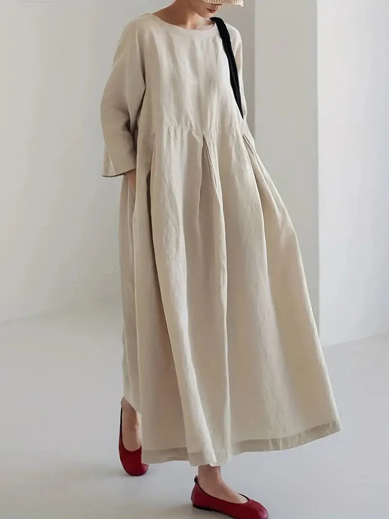 Women's Maxi Dress - Loose Fit - Long-Sleeved with Ruched Waist - Lightweight and Breathable