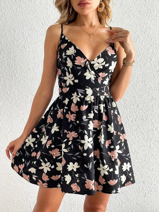 Women's Dress - Sleeveless With Spaghetti Straps - V-Neck - Floral Pattern - A-Line Cut